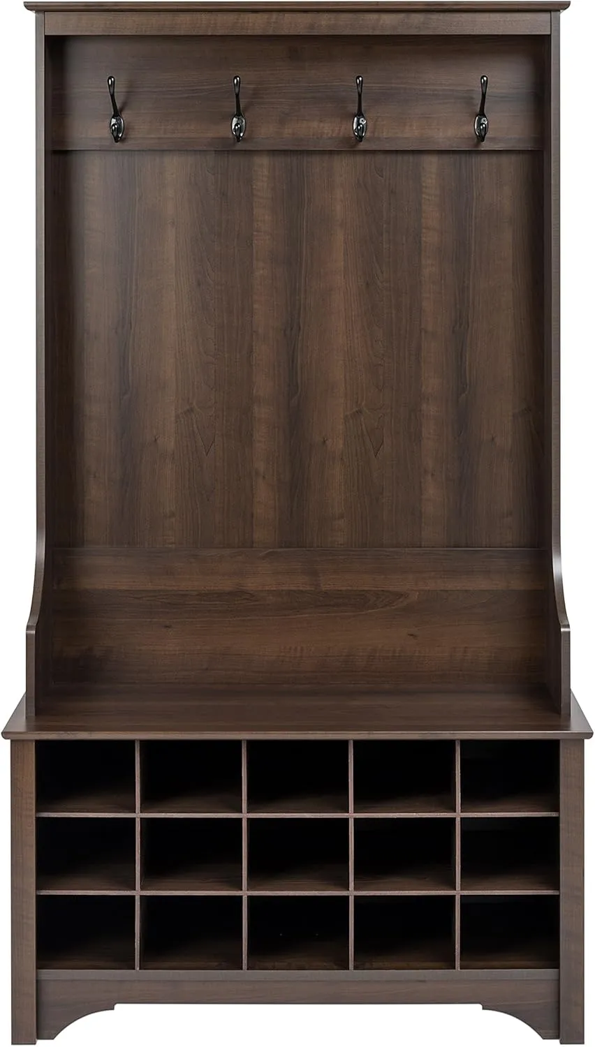 Prepac Entryway Organizer, Coat Rack, Hall Tree features 4 Hooks for Coat Storage, & Hanging Bags; Furniture for Entryway with Bench & 15 Cubbies for Shoe Storage, 38” W x 68” H x 15.5” D, Espresso