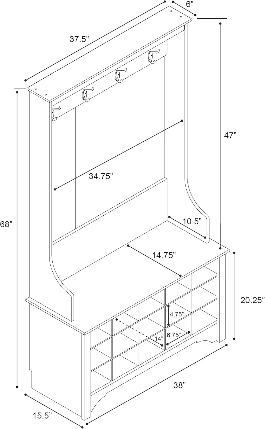 Prepac Entryway Organizer, Coat Rack, Hall Tree features 4 Hooks for Coat Storage, & Hanging Bags; Furniture for Entryway with Bench & 15 Cubbies for Shoe Storage, 38” W x 68” H x 15.5” D, Espresso