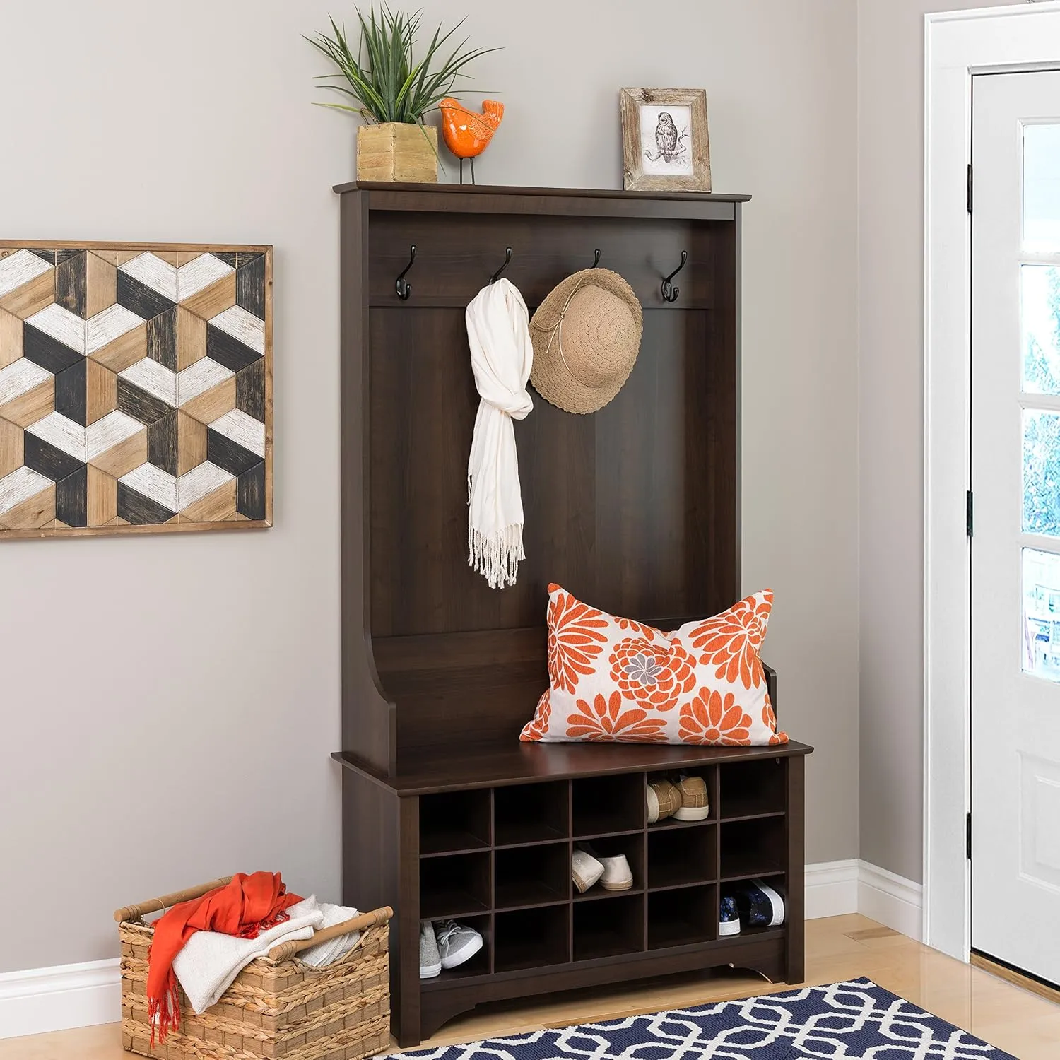 Prepac Entryway Organizer, Coat Rack, Hall Tree features 4 Hooks for Coat Storage, & Hanging Bags; Furniture for Entryway with Bench & 15 Cubbies for Shoe Storage, 38” W x 68” H x 15.5” D, Espresso