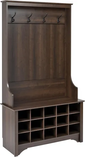 Prepac Entryway Organizer, Coat Rack, Hall Tree features 4 Hooks for Coat Storage, & Hanging Bags; Furniture for Entryway with Bench & 15 Cubbies for Shoe Storage, 38” W x 68” H x 15.5” D, Espresso