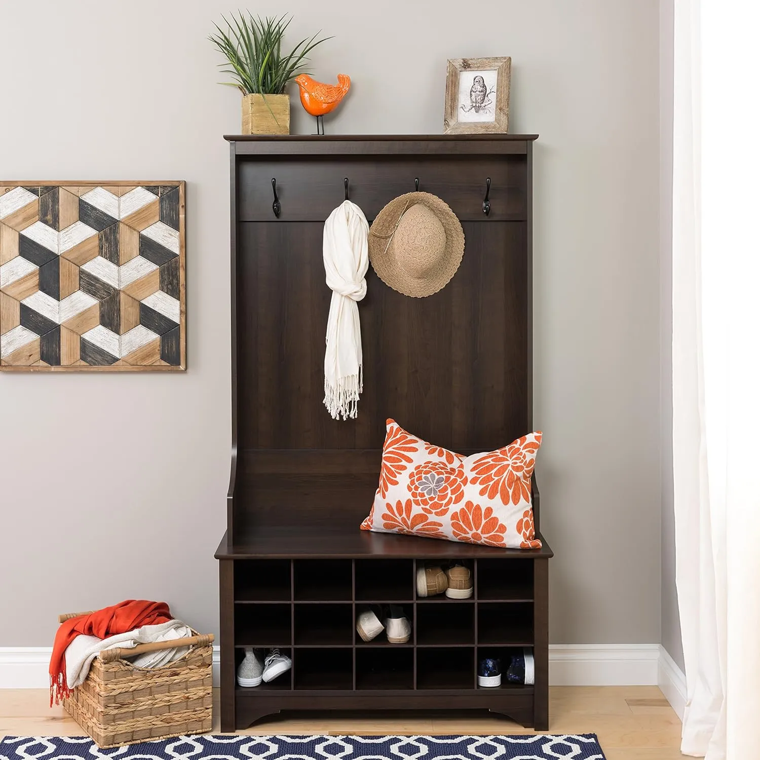 Prepac Entryway Organizer, Coat Rack, Hall Tree features 4 Hooks for Coat Storage, & Hanging Bags; Furniture for Entryway with Bench & 15 Cubbies for Shoe Storage, 38” W x 68” H x 15.5” D, Espresso