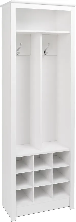 Prepac Entryway Organizer with 2 Coat Hooks, Coat Rack Hall Tree with 9 Cubbies for Shoe Storage, Furniture for Entryway with 1 Upper Shelf, 23.5” W x 72.5” H x 13” D, White