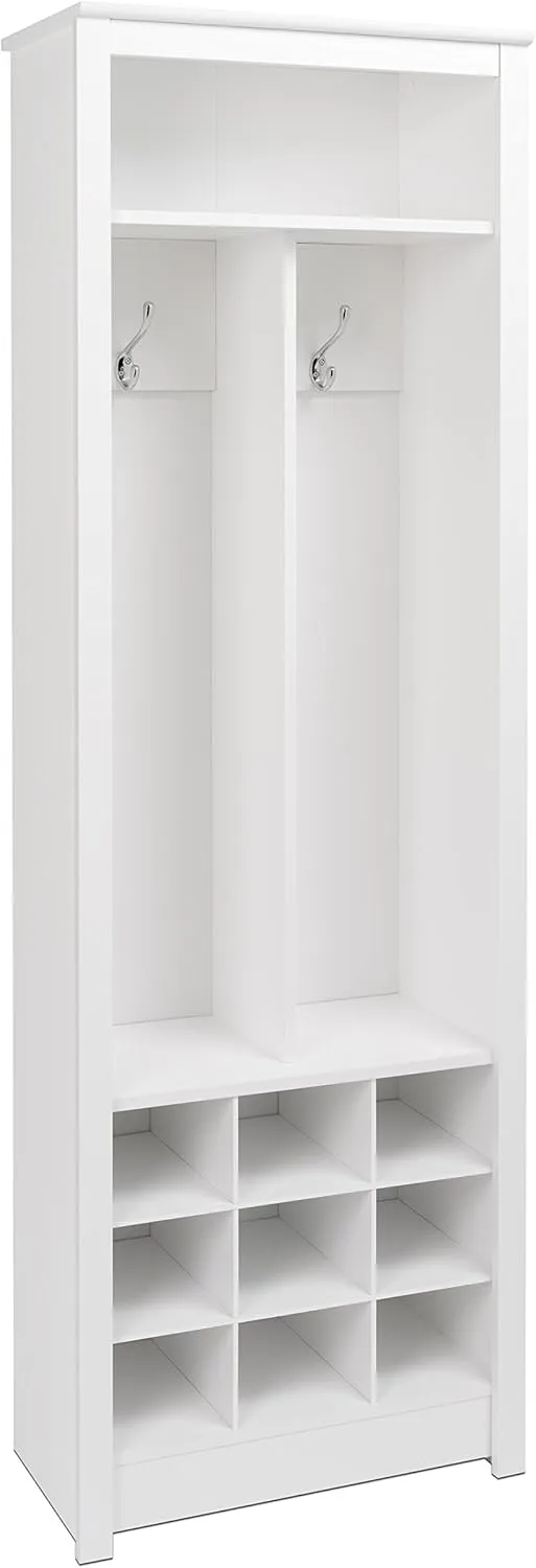 Prepac Entryway Organizer with 2 Coat Hooks, Coat Rack Hall Tree with 9 Cubbies for Shoe Storage, Furniture for Entryway with 1 Upper Shelf, 23.5” W x 72.5” H x 13” D, White