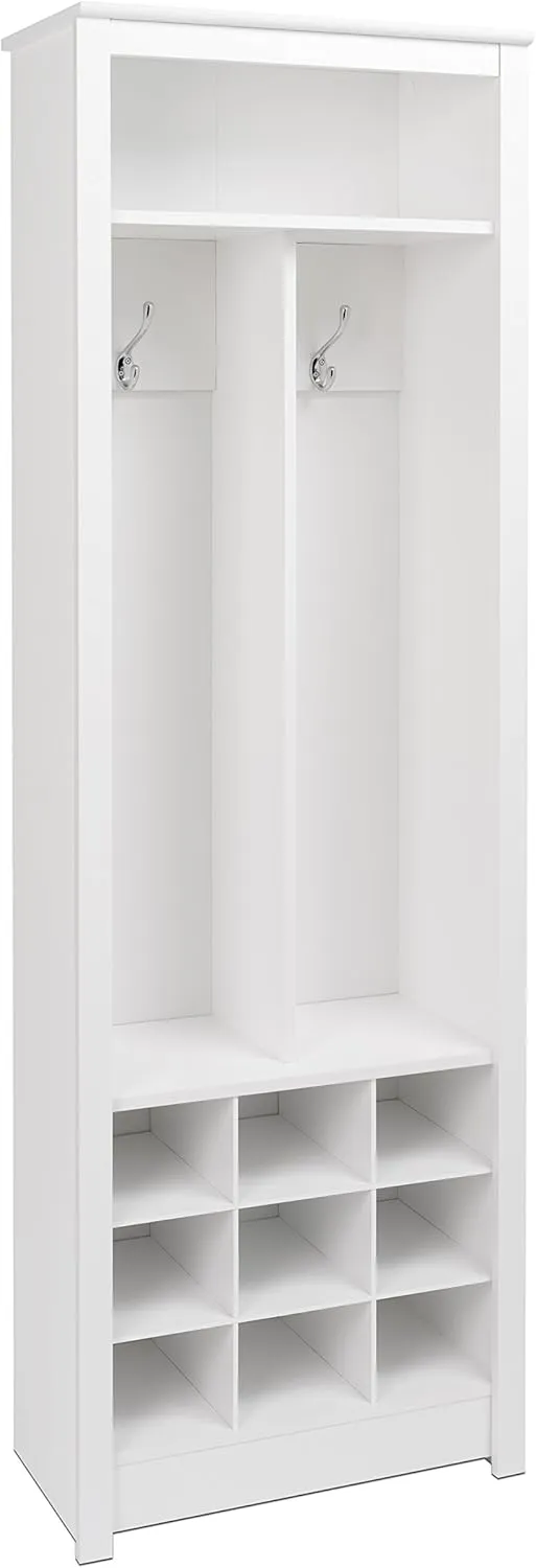 Prepac Entryway Organizer with 2 Coat Hooks, Coat Rack Hall Tree with 9 Cubbies for Shoe Storage, Furniture for Entryway with 1 Upper Shelf, 23.5” W x 72.5” H x 13” D, White