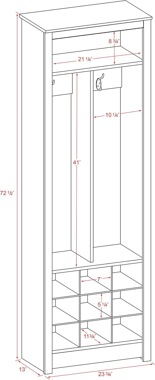 Prepac Entryway Organizer with 2 Coat Hooks, Coat Rack Hall Tree with 9 Cubbies for Shoe Storage, Furniture for Entryway with 1 Upper Shelf, 23.5” W x 72.5” H x 13” D, White
