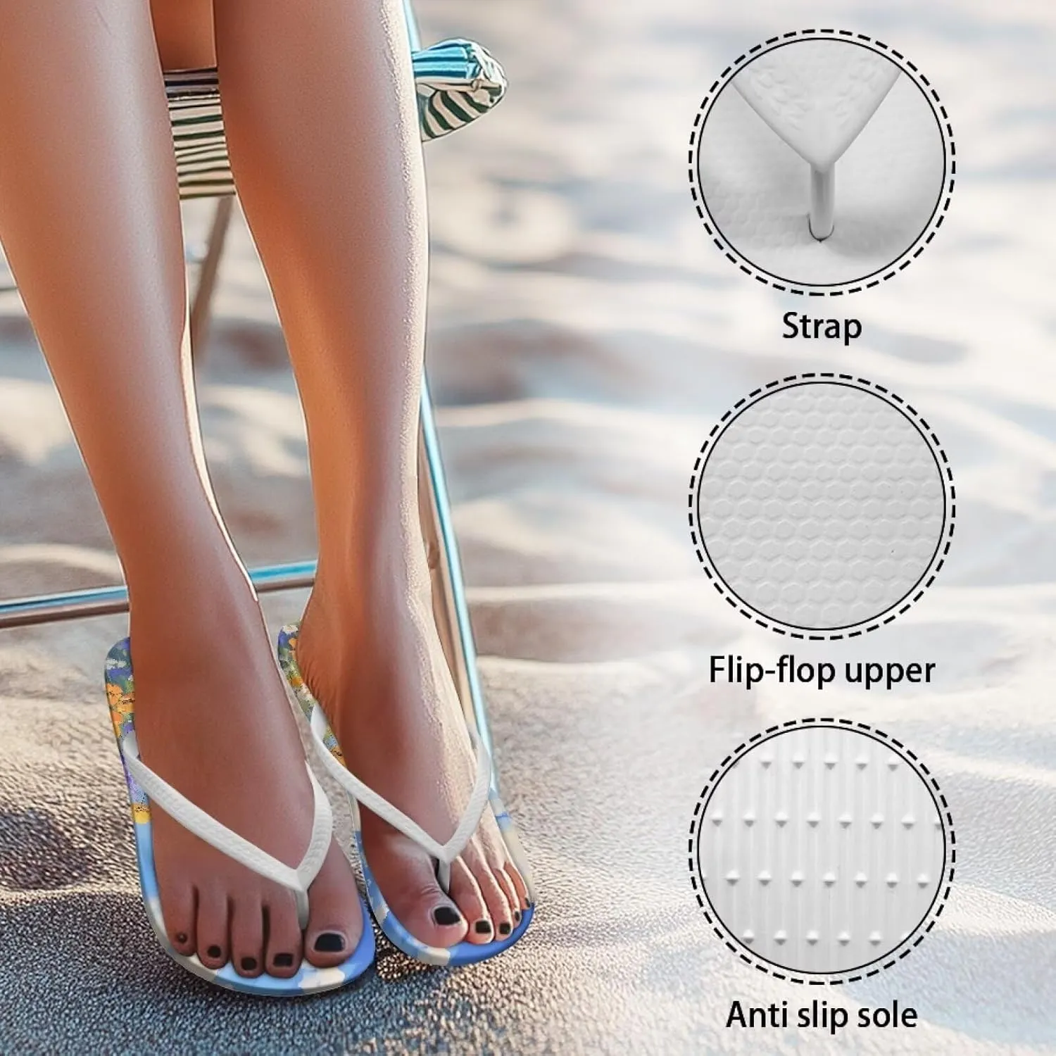 Print Thong Flip Flops for Women Comfortable Yoga Mat Non Slip Shower Shoes Super Lightweight for Summer Beach Vacation White Strap