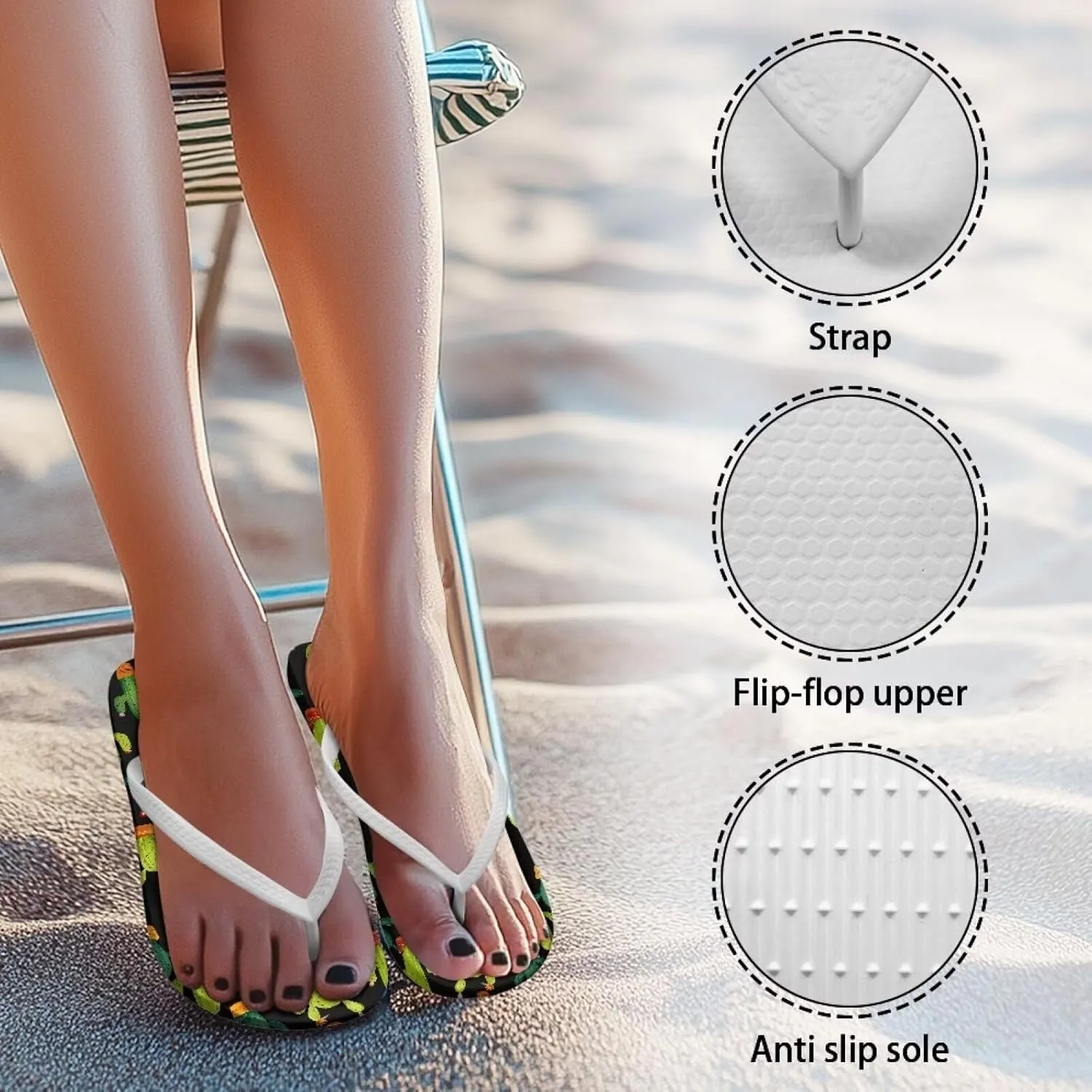 Print Thong Flip Flops for Women Comfortable Yoga Mat Non Slip Shower Shoes Super Lightweight for Summer Beach Vacation White Strap