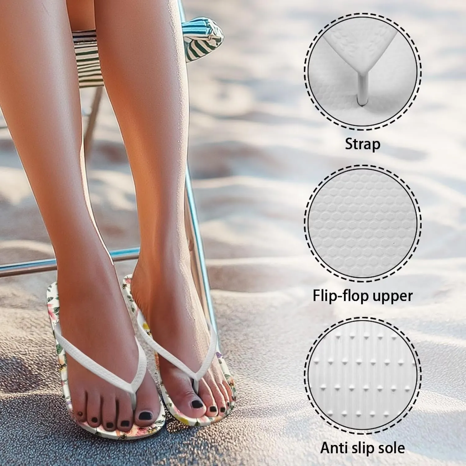 Print Thong Flip Flops for Women Comfortable Yoga Mat Non Slip Shower Shoes Super Lightweight for Summer Beach Vacation White Strap