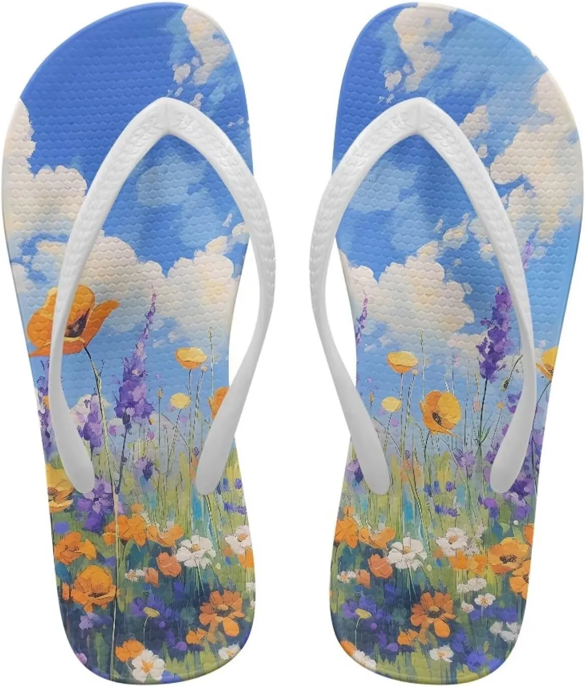 Print Thong Flip Flops for Women Comfortable Yoga Mat Non Slip Shower Shoes Super Lightweight for Summer Beach Vacation White Strap