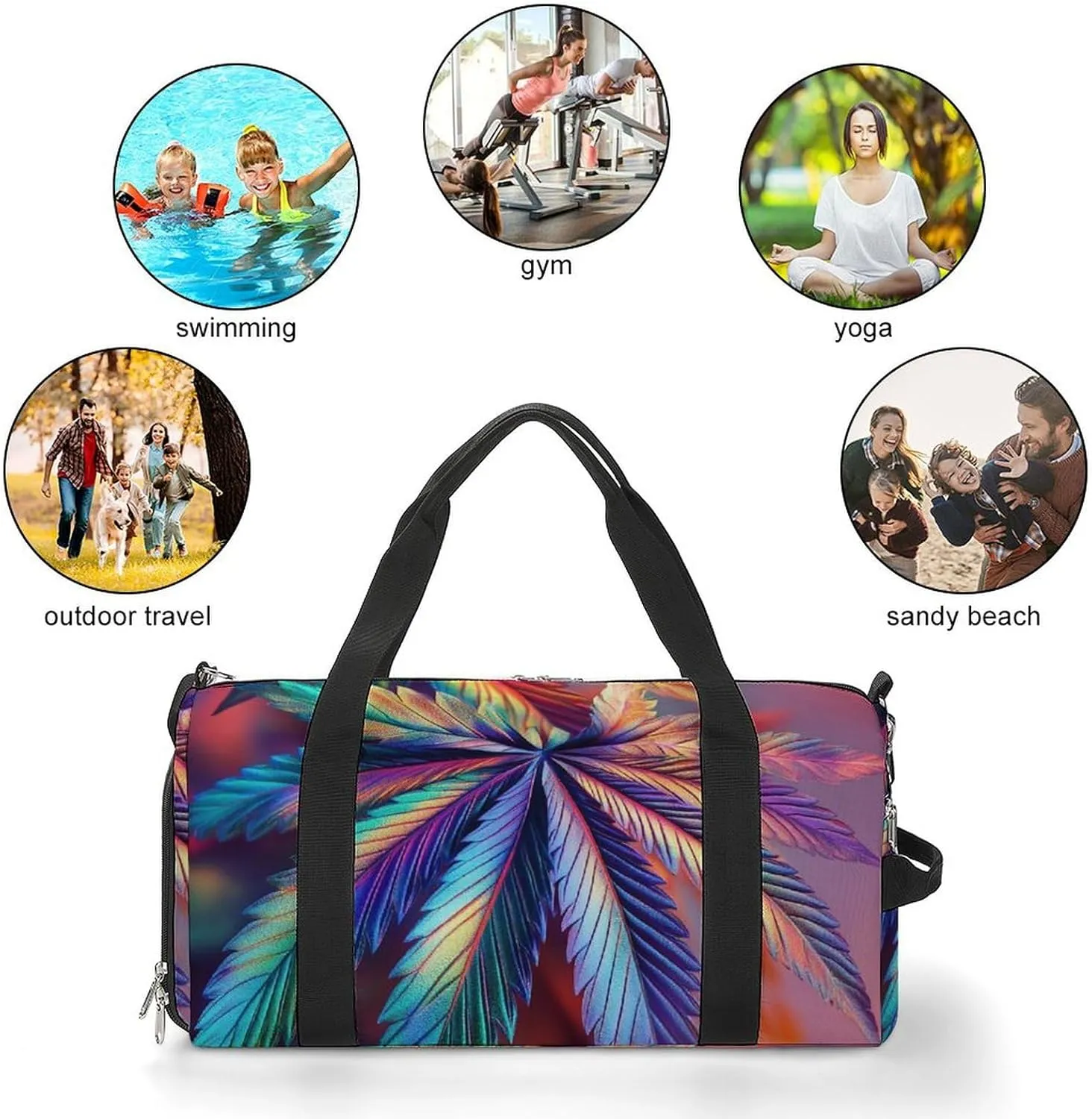 Psychedelic Cannabis Leafs Fitness Large Gym Bag for Unisex with Shoe Compartment & Wet Pocket