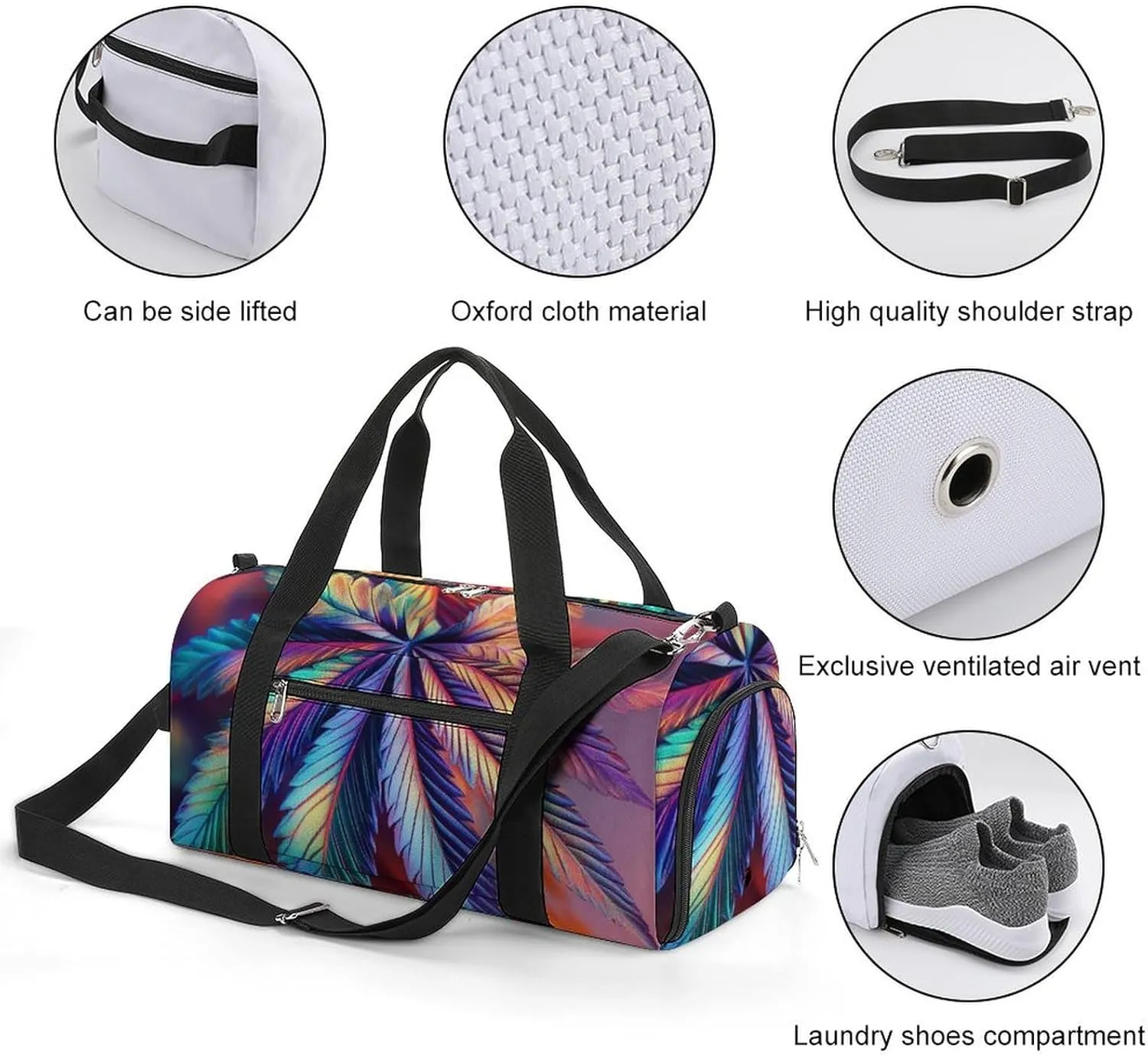 Psychedelic Cannabis Leafs Fitness Large Gym Bag for Unisex with Shoe Compartment & Wet Pocket