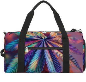 Psychedelic Cannabis Leafs Fitness Large Gym Bag for Unisex with Shoe Compartment & Wet Pocket