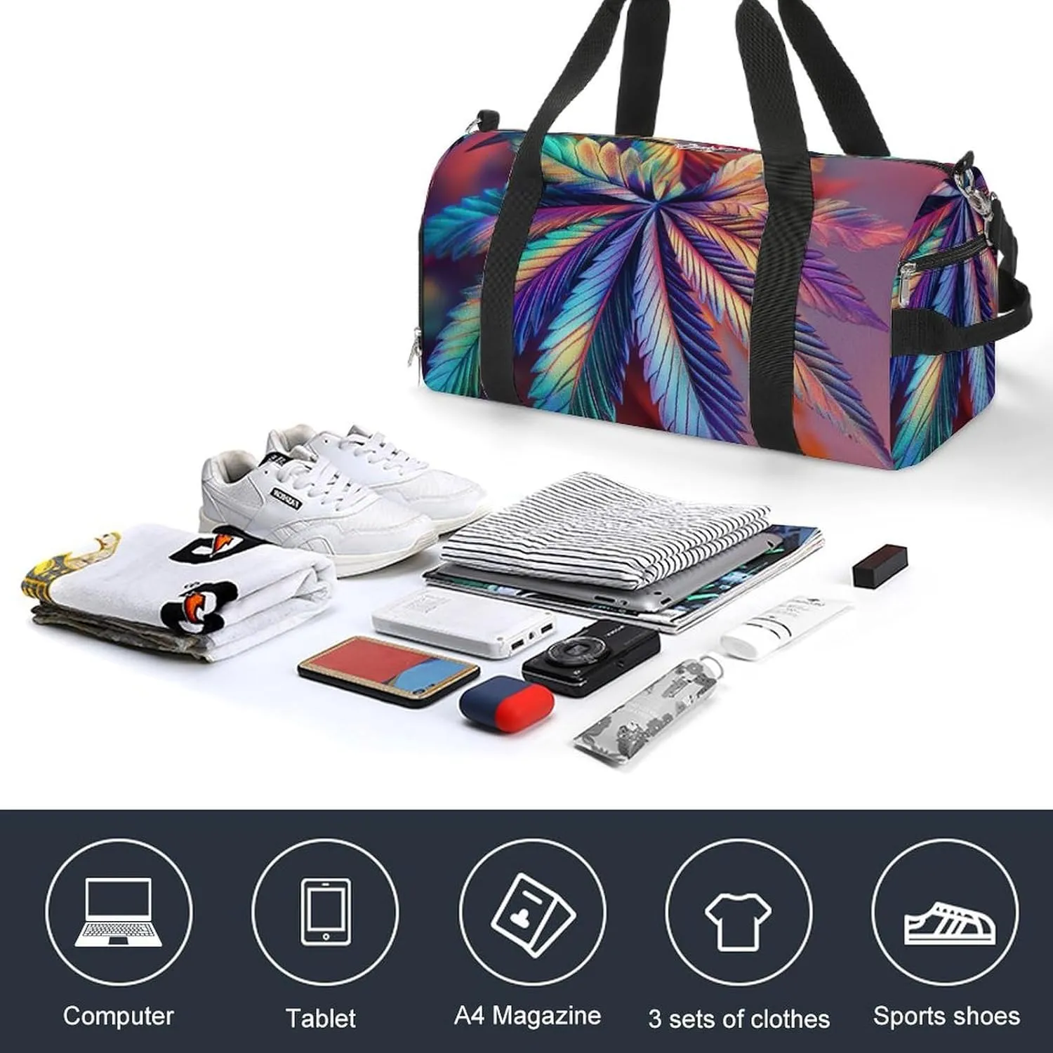Psychedelic Cannabis Leafs Fitness Large Gym Bag for Unisex with Shoe Compartment & Wet Pocket