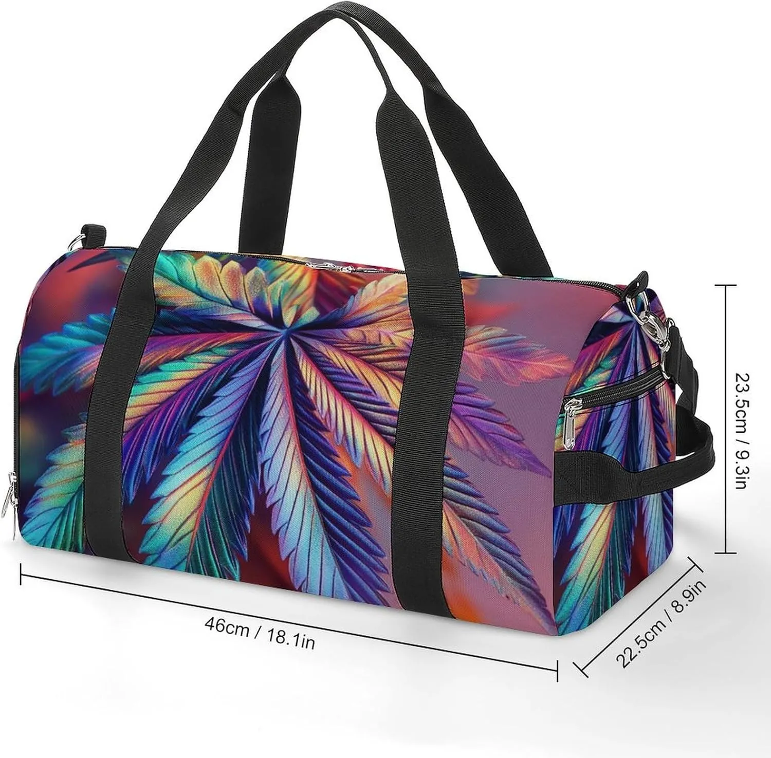 Psychedelic Cannabis Leafs Fitness Large Gym Bag for Unisex with Shoe Compartment & Wet Pocket