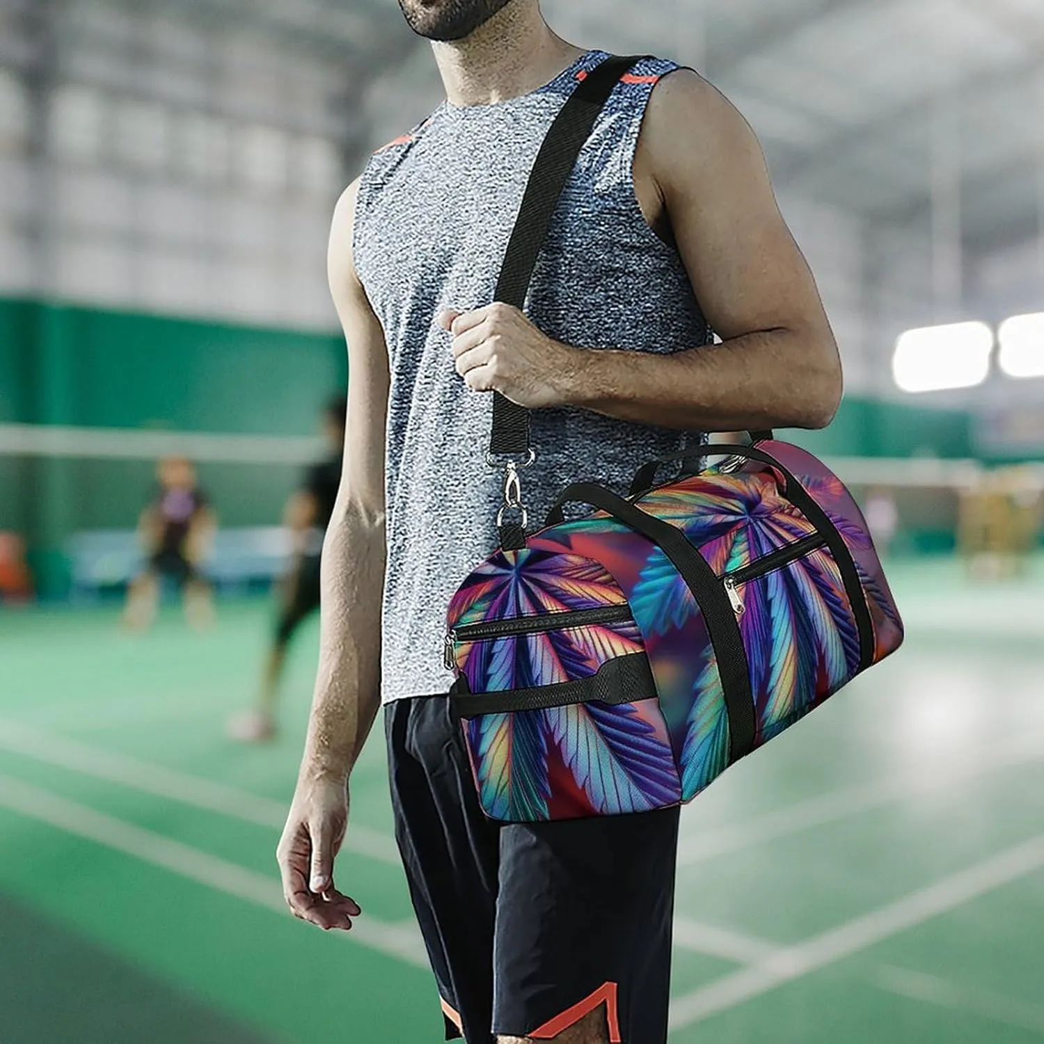 Psychedelic Cannabis Leafs Fitness Large Gym Bag for Unisex with Shoe Compartment & Wet Pocket