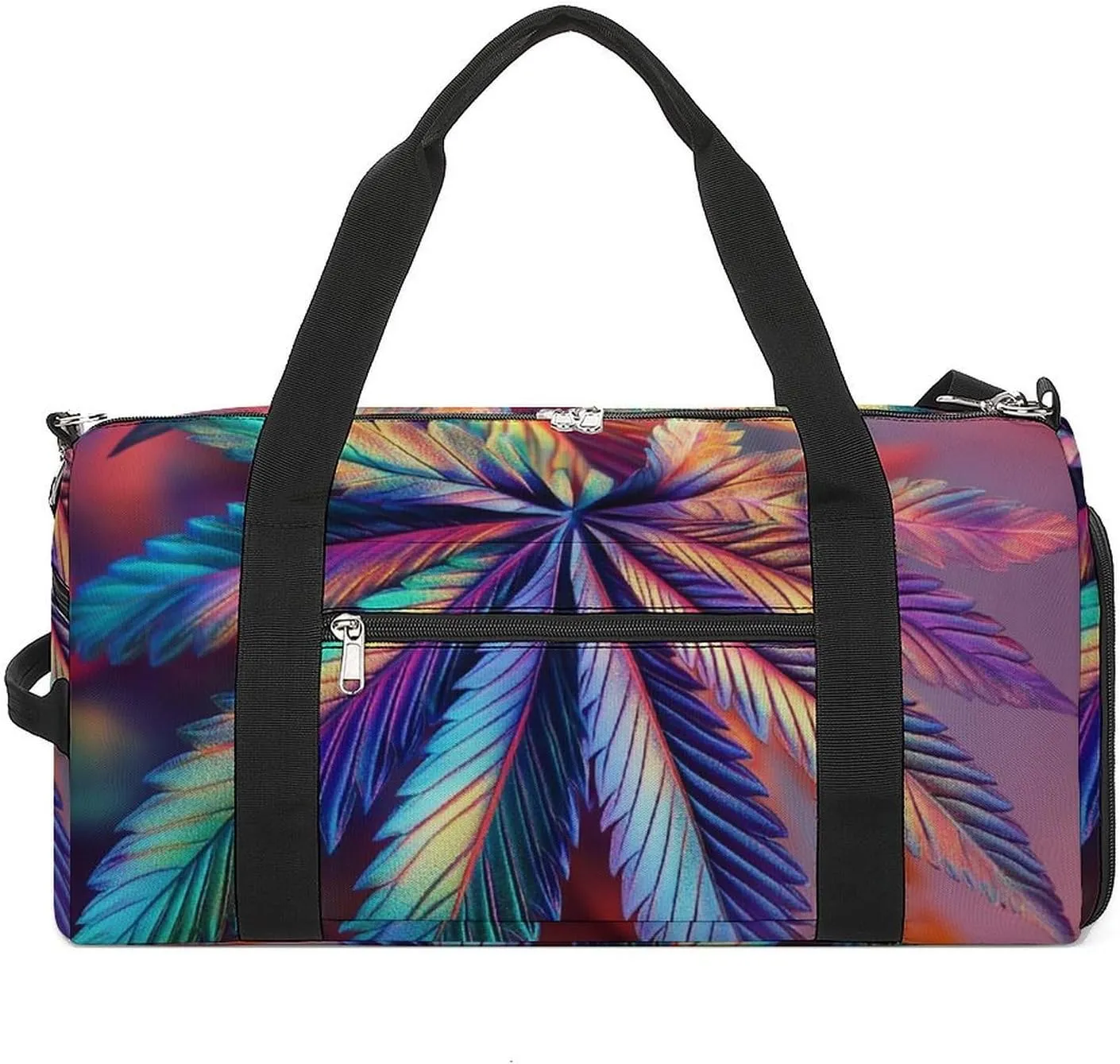 Psychedelic Cannabis Leafs Fitness Large Gym Bag for Unisex with Shoe Compartment & Wet Pocket