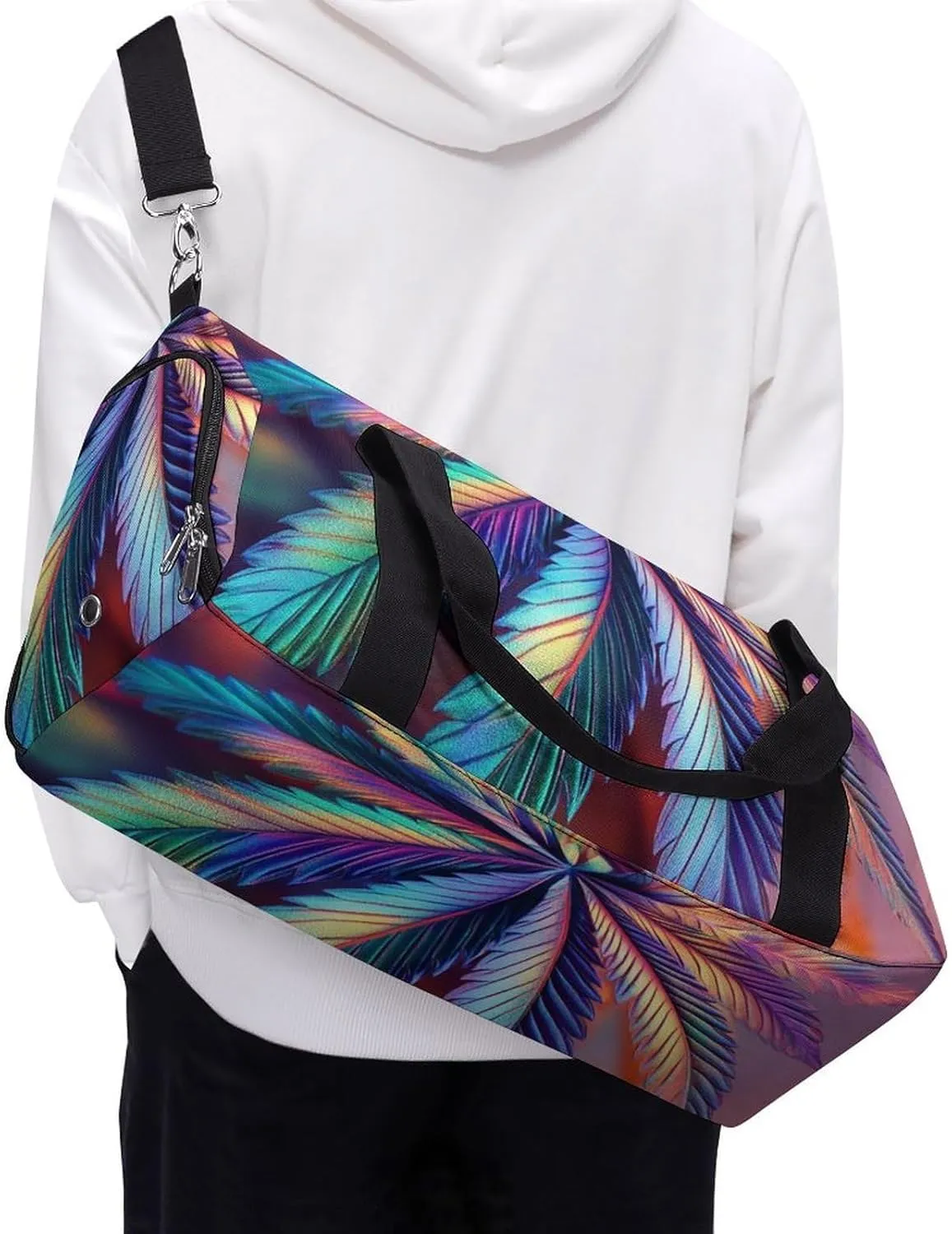 Psychedelic Cannabis Leafs Fitness Large Gym Bag for Unisex with Shoe Compartment & Wet Pocket
