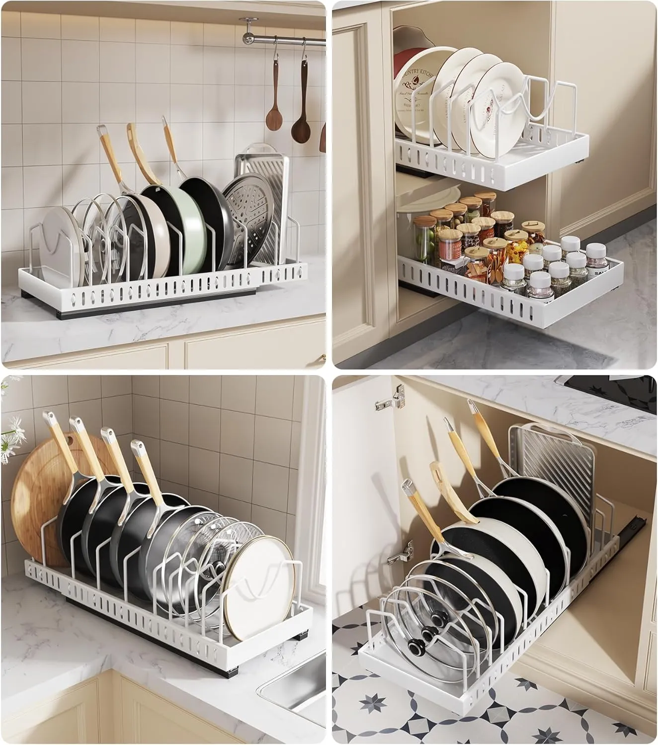 Pull Out Pots and Pans Organizer Under Cabinet, Expandable Sliding Lid Holder and Pan Rack for Kitchen, Slide Out inside Cabinet for Pot Lid, Bakeware, Dishes, 10 Adjustable Dividers, 2 Pack White