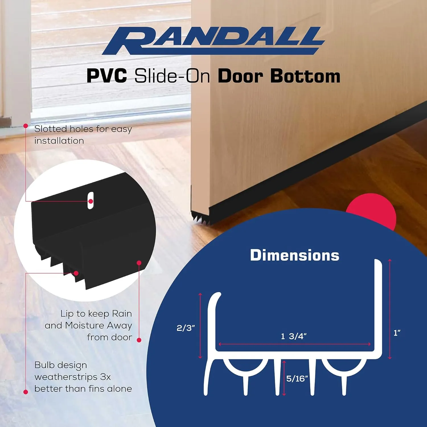 PVC Slide-On Door Bottom | Adjustable Plastic Weatherstrip Door Bottom with Drip Cap | 3 Feet (36-Inch) | for 1 3/4” Doors | Black | Fits Gaps 3/8” to 7/8” | Made in The USA
