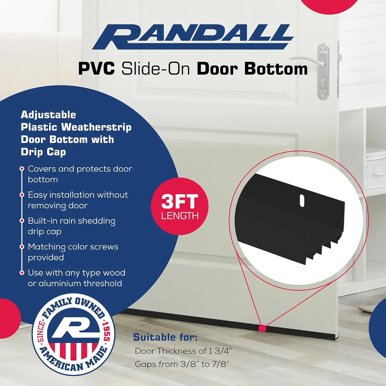PVC Slide-On Door Bottom | Adjustable Plastic Weatherstrip Door Bottom with Drip Cap | 3 Feet (36-Inch) | for 1 3/4” Doors | Black | Fits Gaps 3/8” to 7/8” | Made in The USA