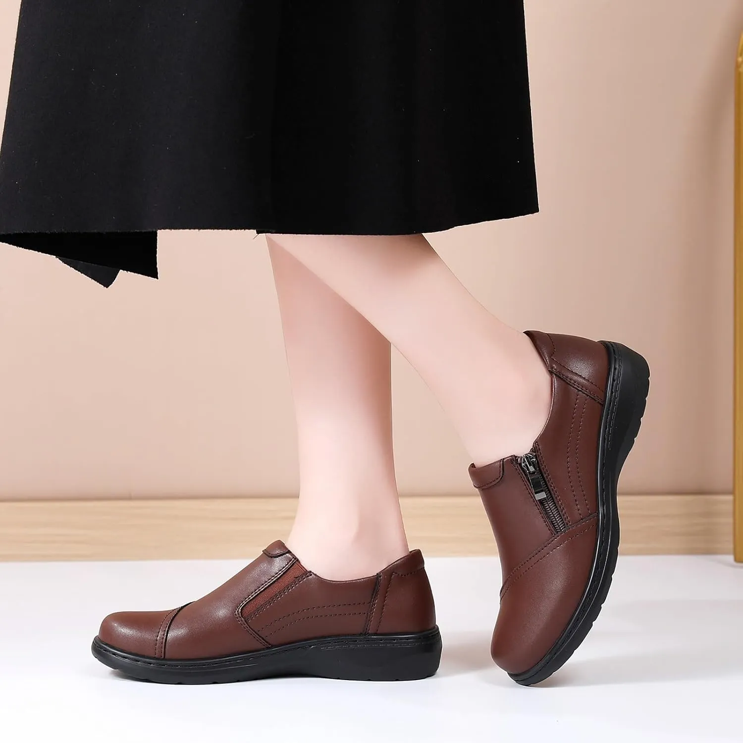 QAE Loafers for Women Comfort Women's Penny Loafers with Zipper Orthopedic Lightweight Slip-On Flats Casual Work Dressy Walking Business Shoes