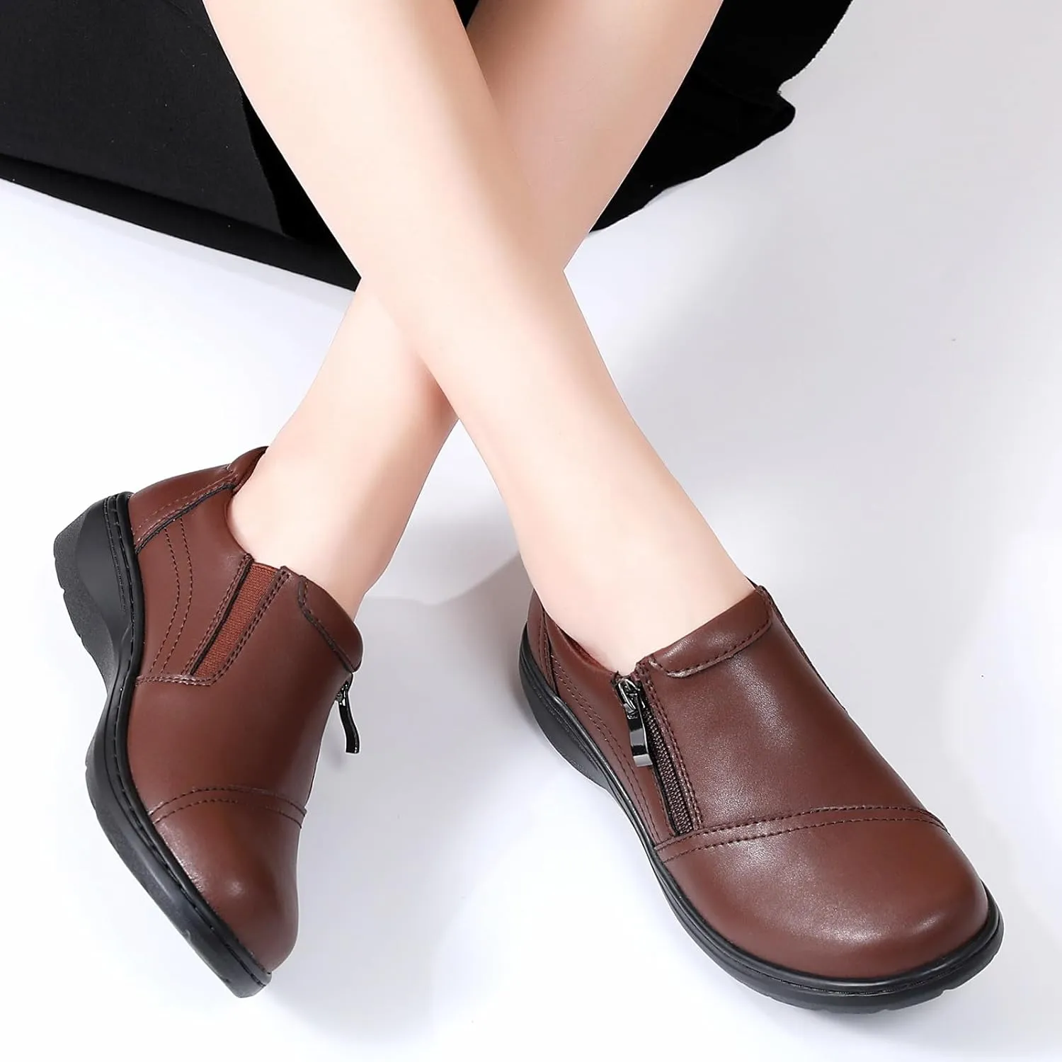 QAE Loafers for Women Comfort Women's Penny Loafers with Zipper Orthopedic Lightweight Slip-On Flats Casual Work Dressy Walking Business Shoes