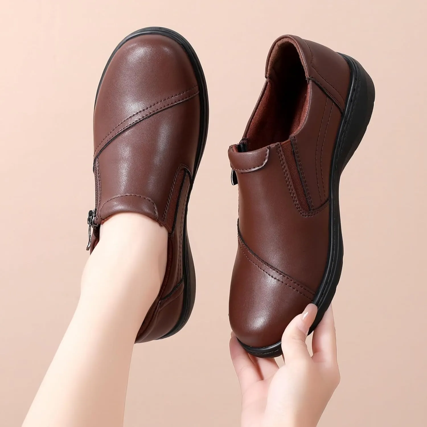 QAE Loafers for Women Comfort Women's Penny Loafers with Zipper Orthopedic Lightweight Slip-On Flats Casual Work Dressy Walking Business Shoes