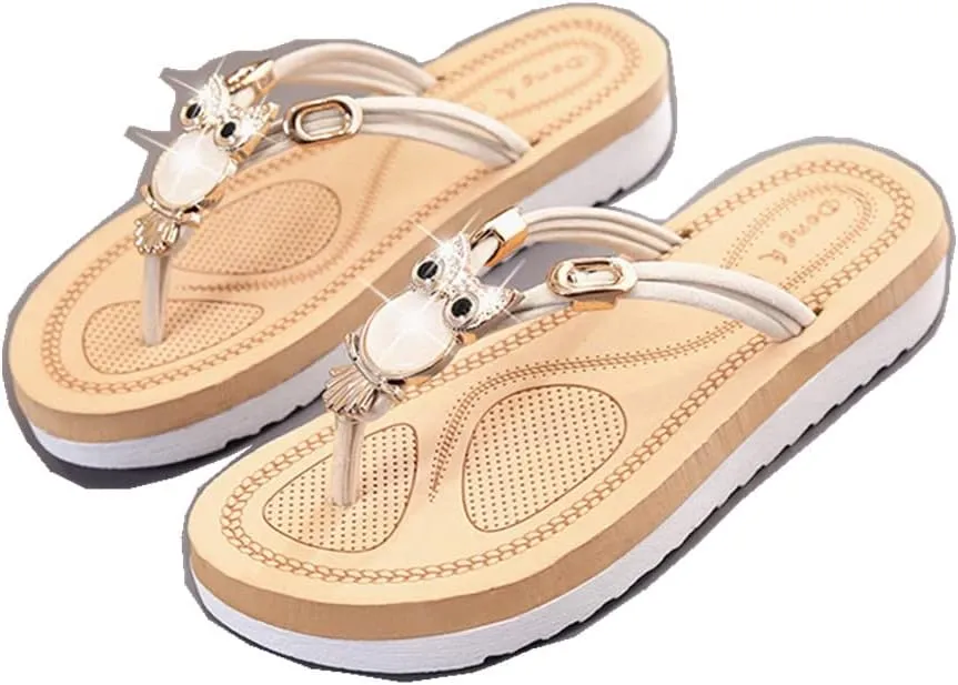 QMFUR Women's Platform Slippers Flat Flip Flops Beach Slides For Women Slides Rhinestone owl decoration Light weight Comfortable Casual Sandals