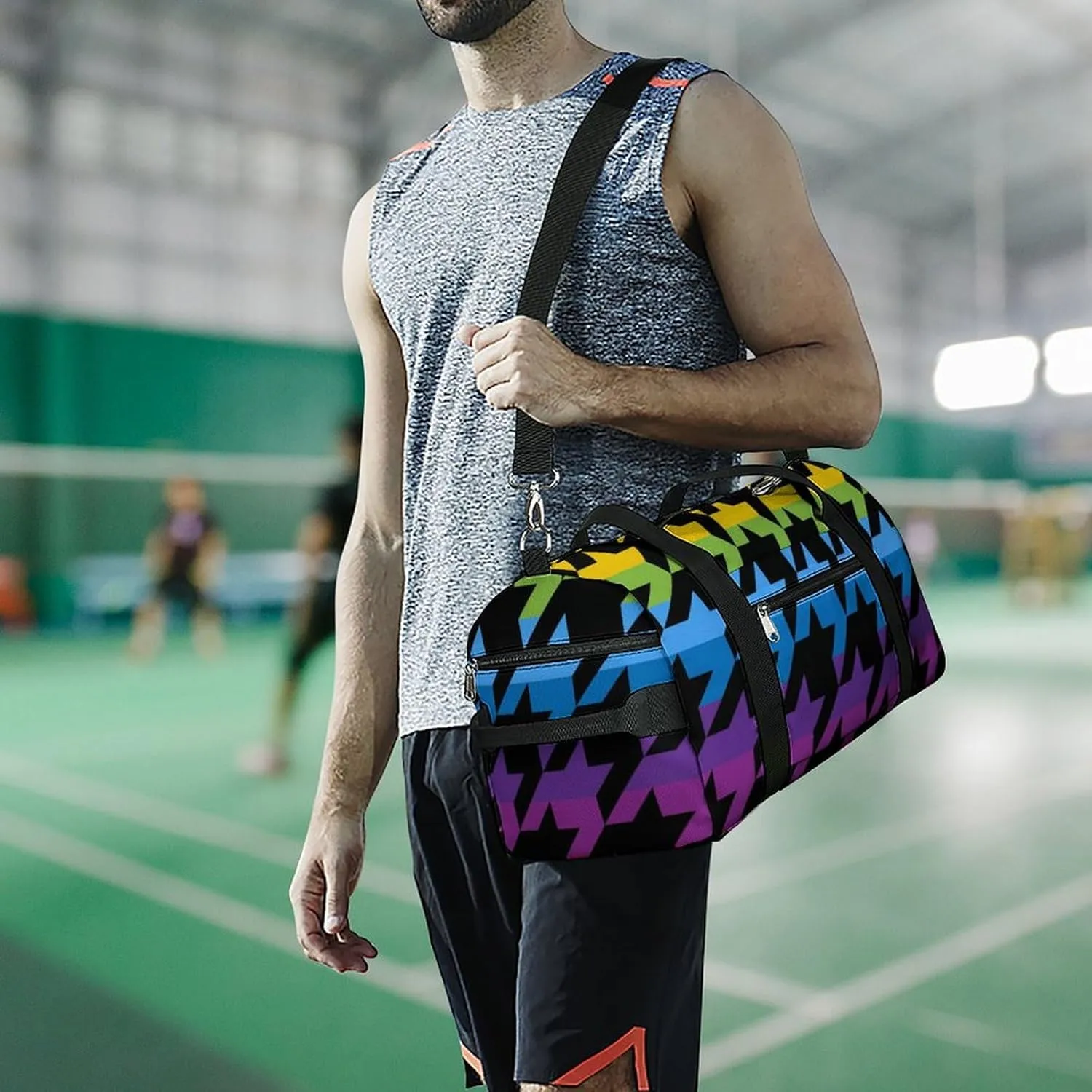 Rainbow Colors of Houndstooth Fitness Large Gym Bag for Unisex with Shoe Compartment & Wet Pocket