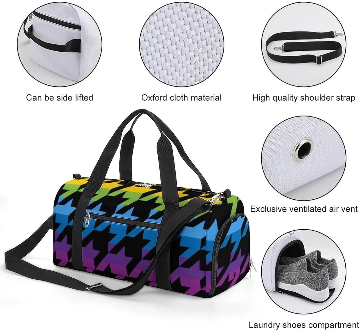 Rainbow Colors of Houndstooth Fitness Large Gym Bag for Unisex with Shoe Compartment & Wet Pocket
