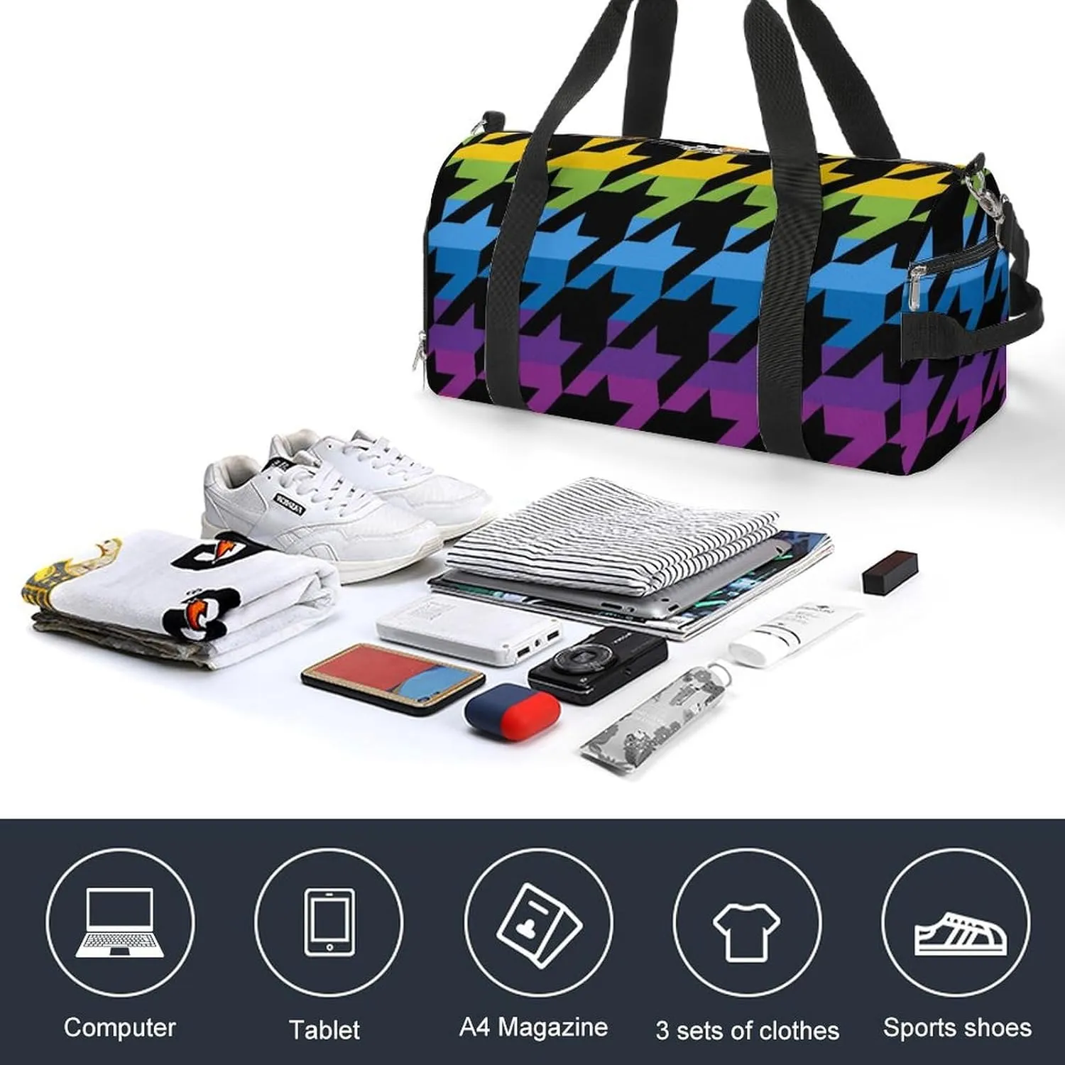 Rainbow Colors of Houndstooth Fitness Large Gym Bag for Unisex with Shoe Compartment & Wet Pocket
