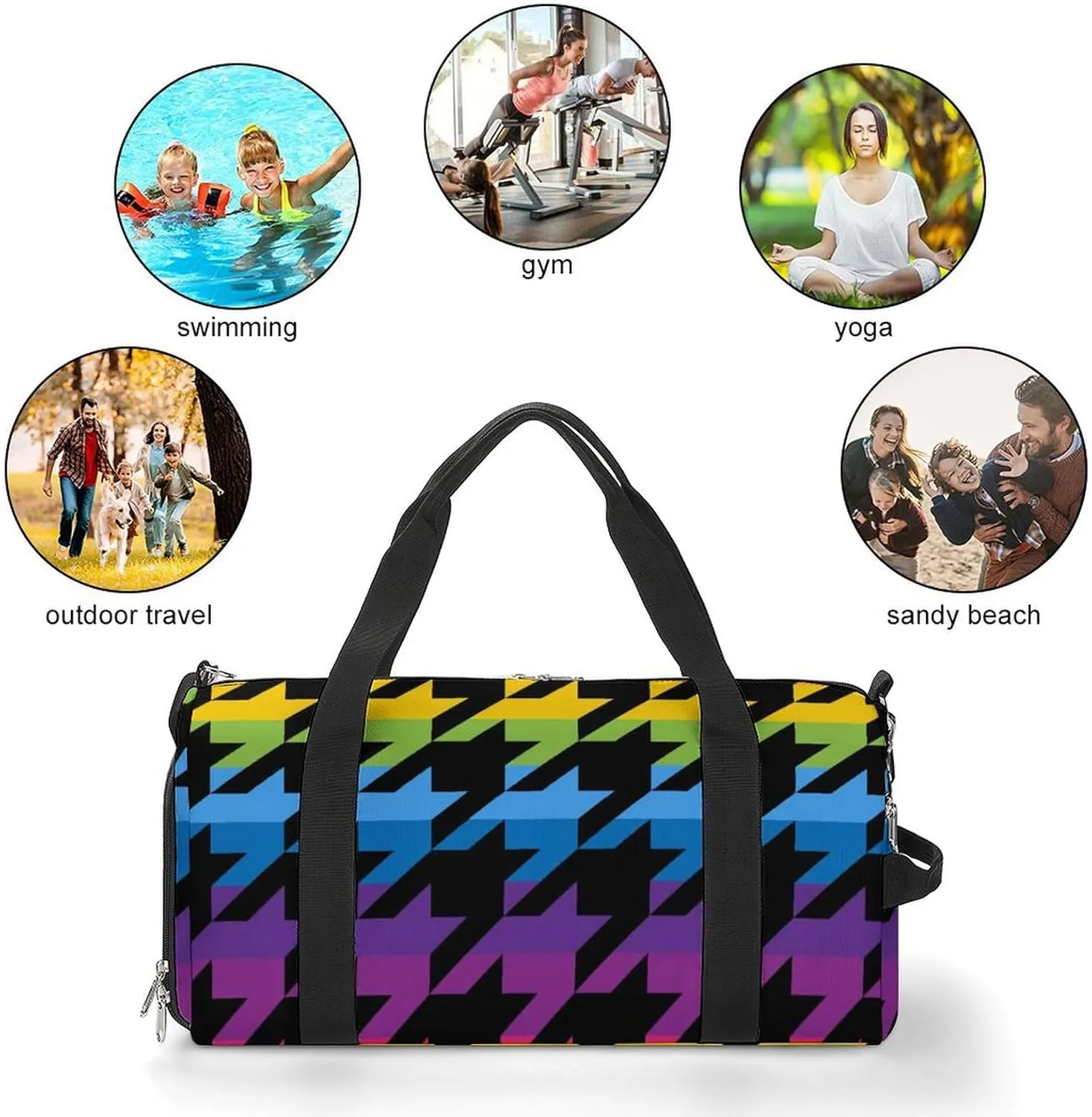 Rainbow Colors of Houndstooth Fitness Large Gym Bag for Unisex with Shoe Compartment & Wet Pocket