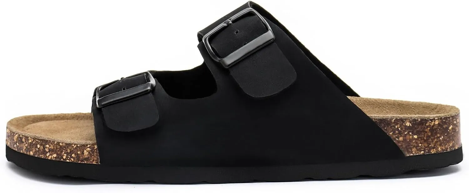 Rainlin Women's Flat Sandals Cork Footbed Slide Sandals Arch Support Slip on Slides with Adjustable Buckle