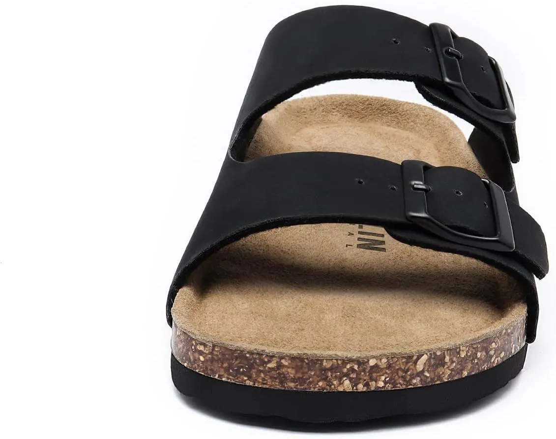 Rainlin Women's Flat Sandals Cork Footbed Slide Sandals Arch Support Slip on Slides with Adjustable Buckle