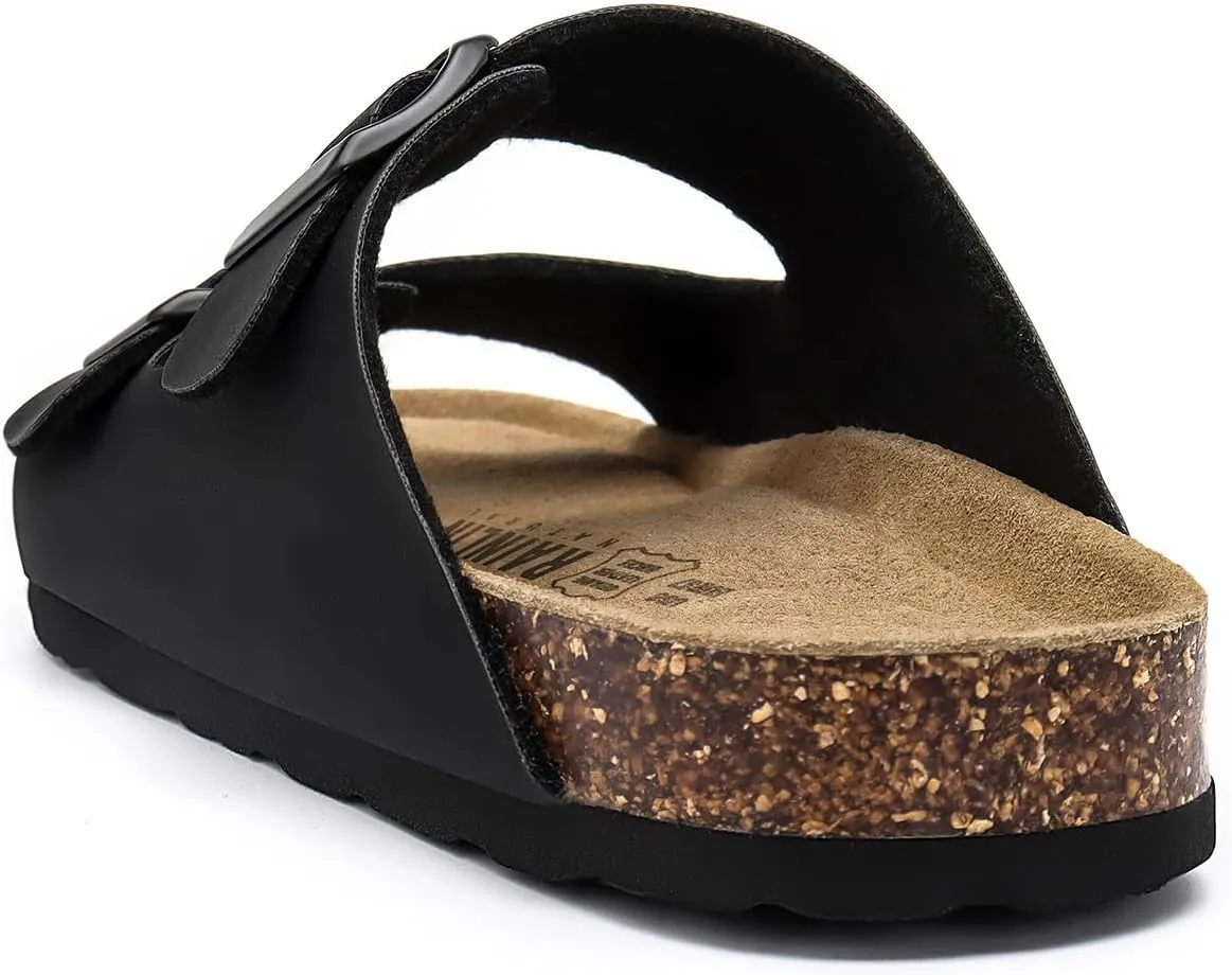 Rainlin Women's Flat Sandals Cork Footbed Slide Sandals Arch Support Slip on Slides with Adjustable Buckle