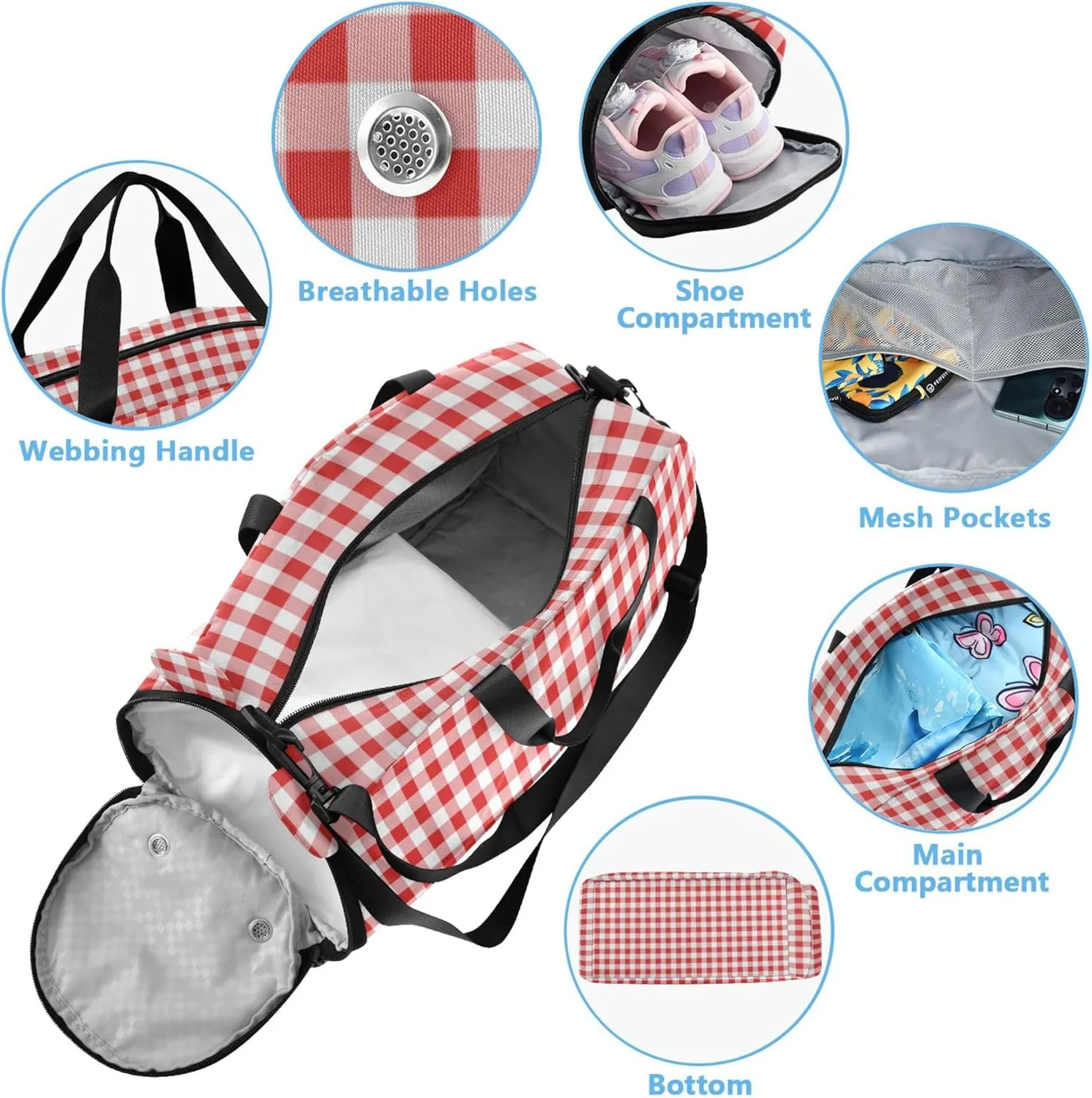 Red Plaid Kids Cute Gym Bag with Shoes Compartment Lightweight Sport Gym Tote Bags for Travel, Sports, Duffel, Weekender