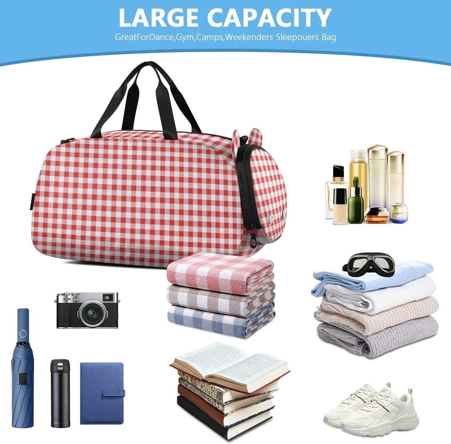 Red Plaid Kids Cute Gym Bag with Shoes Compartment Lightweight Sport Gym Tote Bags for Travel, Sports, Duffel, Weekender