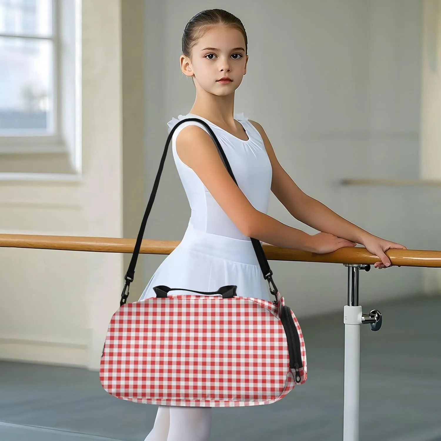 Red Plaid Kids Cute Gym Bag with Shoes Compartment Lightweight Sport Gym Tote Bags for Travel, Sports, Duffel, Weekender