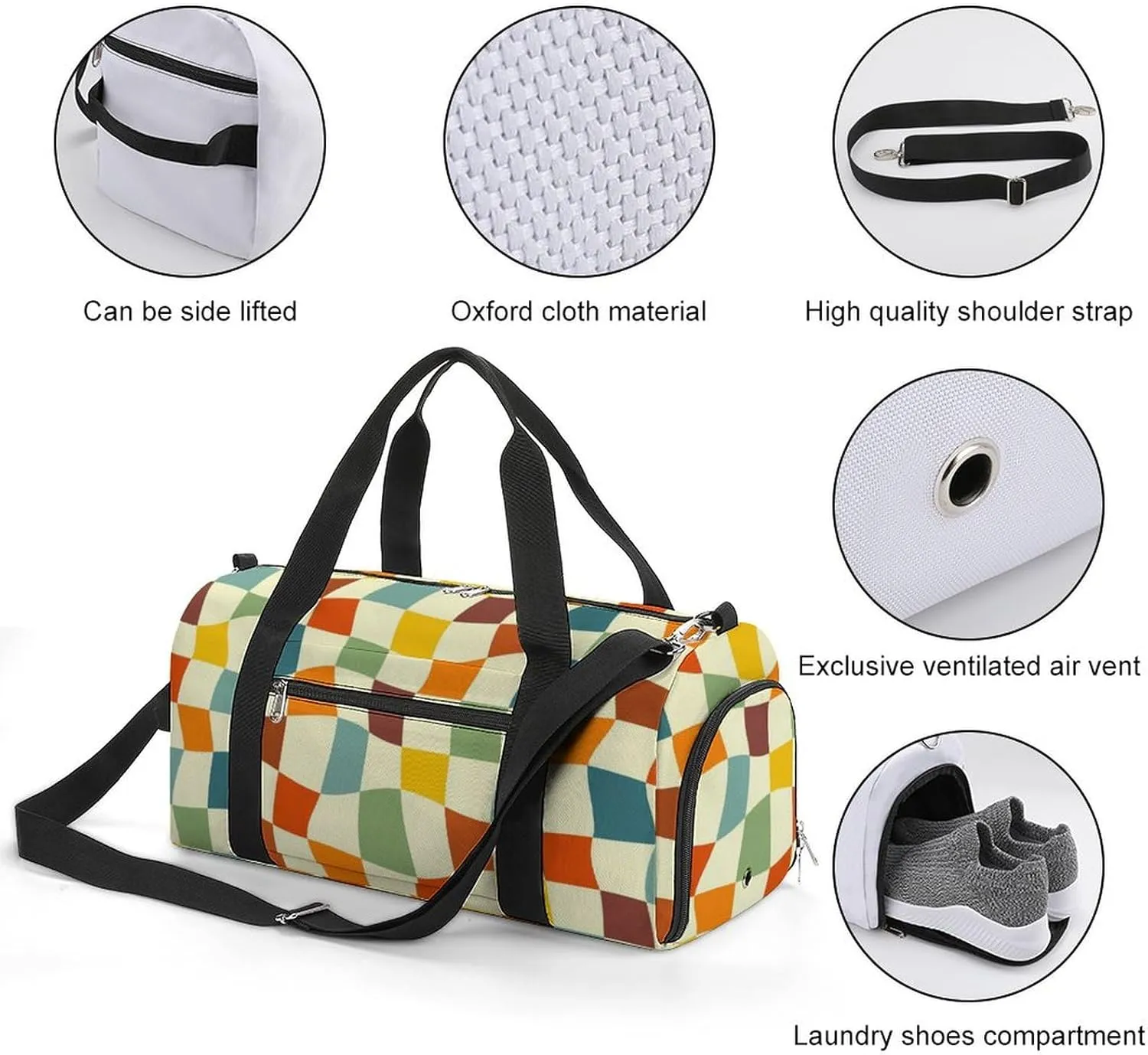 Retro 70s Chessboard Fitness Large Gym Bag for Unisex with Shoe Compartment & Wet Pocket