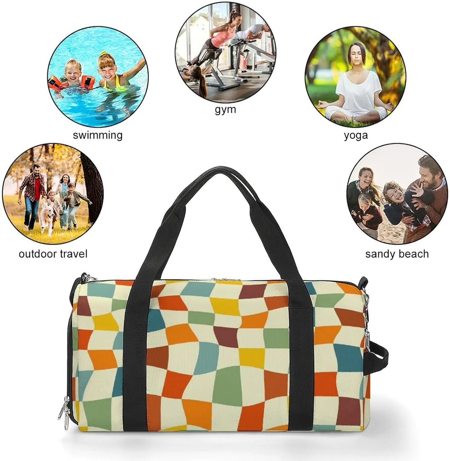 Retro 70s Chessboard Fitness Large Gym Bag for Unisex with Shoe Compartment & Wet Pocket