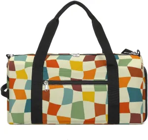 Retro 70s Chessboard Fitness Large Gym Bag for Unisex with Shoe Compartment & Wet Pocket