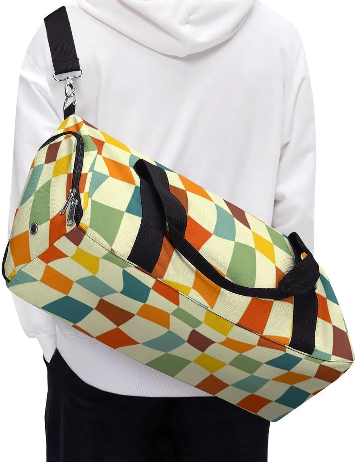 Retro 70s Chessboard Fitness Large Gym Bag for Unisex with Shoe Compartment & Wet Pocket
