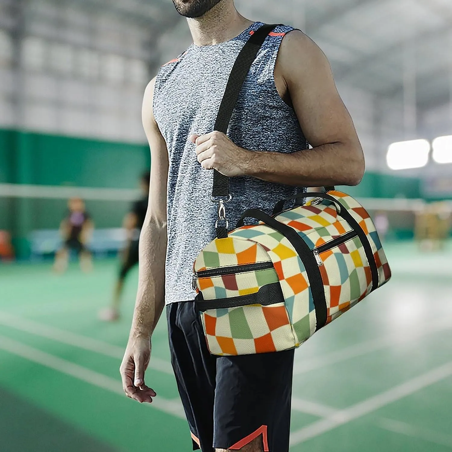 Retro 70s Chessboard Fitness Large Gym Bag for Unisex with Shoe Compartment & Wet Pocket