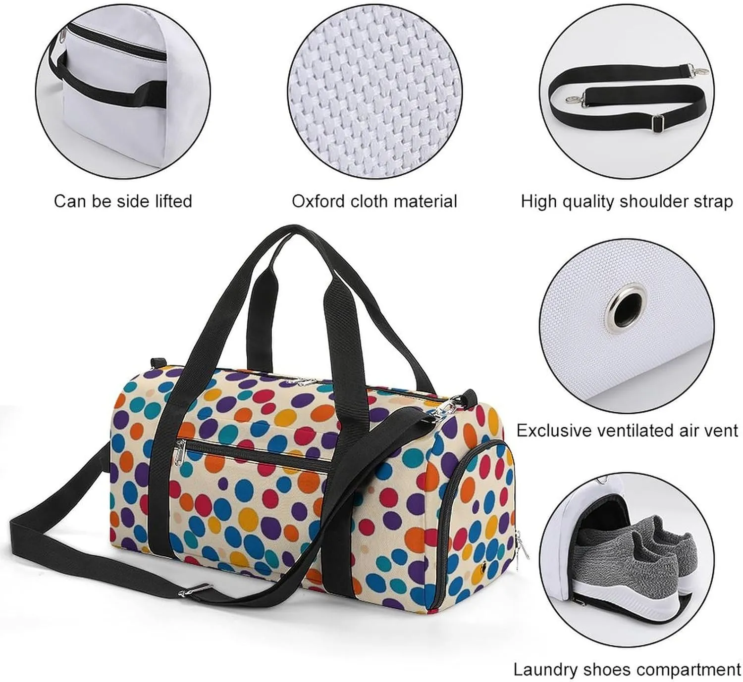 Retro Colorful Polka Dot Fitness Large Gym Bag for Unisex with Shoe Compartment & Wet Pocket