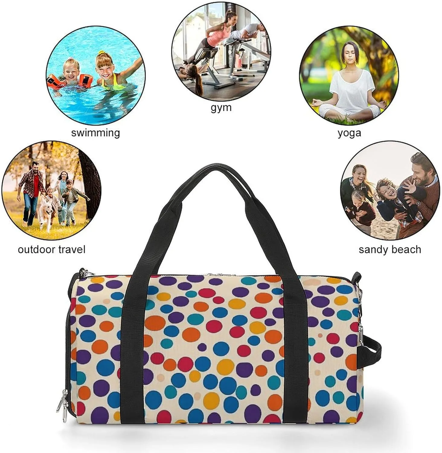 Retro Colorful Polka Dot Fitness Large Gym Bag for Unisex with Shoe Compartment & Wet Pocket