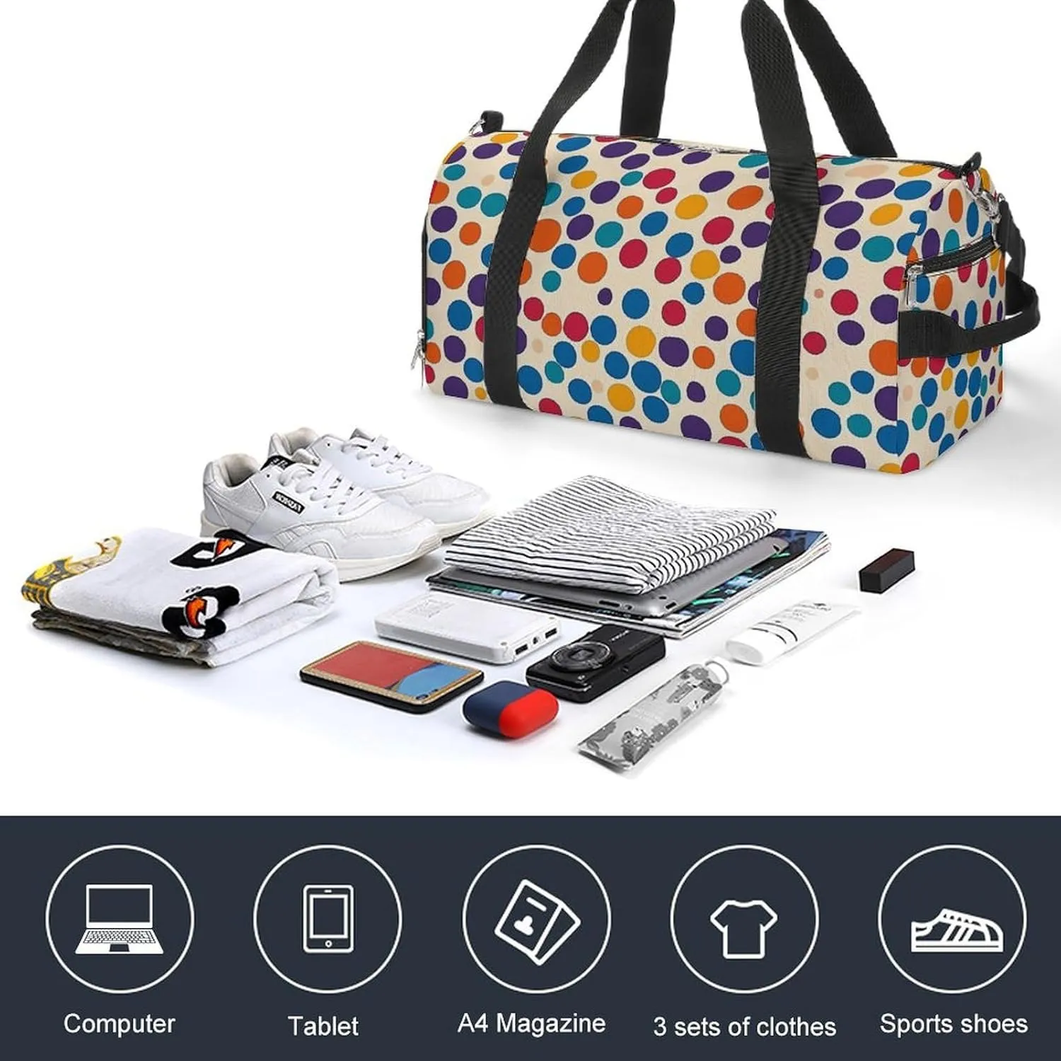 Retro Colorful Polka Dot Fitness Large Gym Bag for Unisex with Shoe Compartment & Wet Pocket