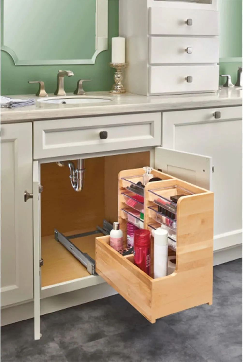 Rev-A-Shelf 24" Wood Vanity Sink Pull Out Organizer Cabinet Storage w/Soft-Close for Kitchen or Bathroom, Maple Wood, 441-12VSBSC-1