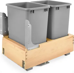 Rev-A-Shelf Double 35 Quart Pullout Under Cabinet Trash Cans with Soft Open & Close Slide System, Metallic Silver, Maple Wood Bottom 4WCBM-18DM-2