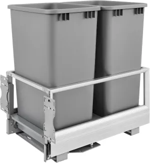Rev-A-Shelf Double 50 Quart Pull Out Trash Can for Base Kitchen Cabinets, Storage Garage Bin on Wire Basket with Soft Close, Silver, 5149-2150DM-217