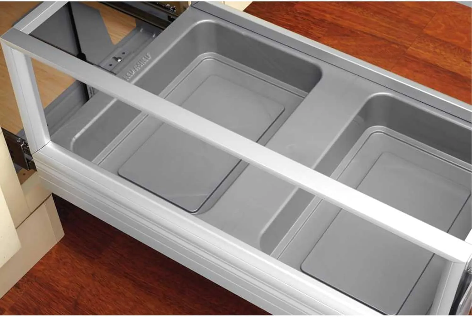 Rev-A-Shelf Double 50 Quart Pull Out Trash Can for Base Kitchen Cabinets, Storage Garage Bin on Wire Basket with Soft Close, Silver, 5149-2150DM-217